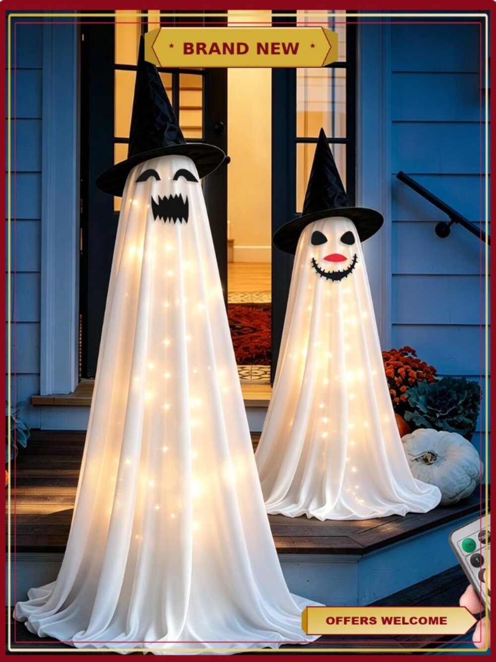 2 Pack Light-Up Halloween Ghost Yard Decor Remote String Lights